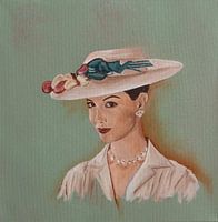 Portrait à l'huile d'une femme avec un chapeau beige