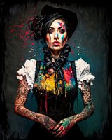 Une femme intéressante de la Forêt-Noire avec des tatouages et des éclaboussures de peinture. Art mural. Art mural numérique. Huile de vidange. Tableau mural décoratif. Mélange de styles.