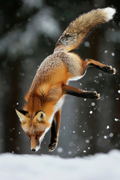 Renard bondissant dans la neige par Poster Art Shop