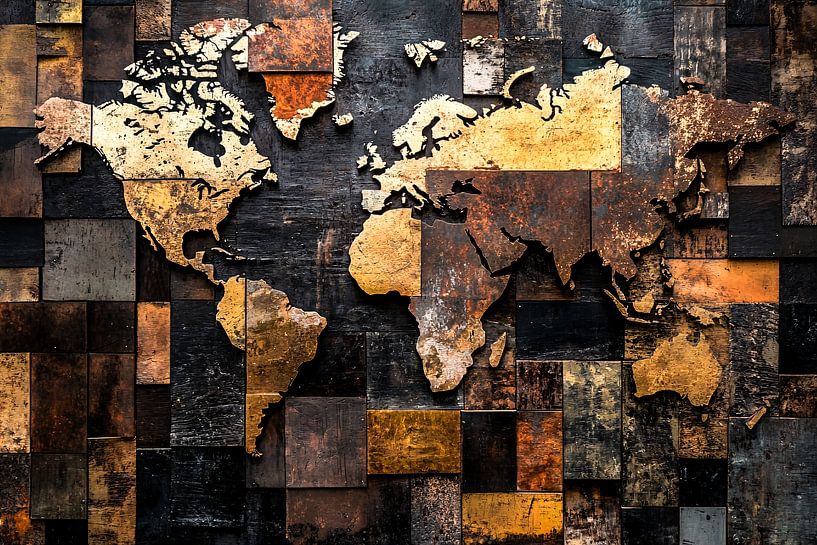 Weltkarte aus Holz und Metall von Imperial Art House