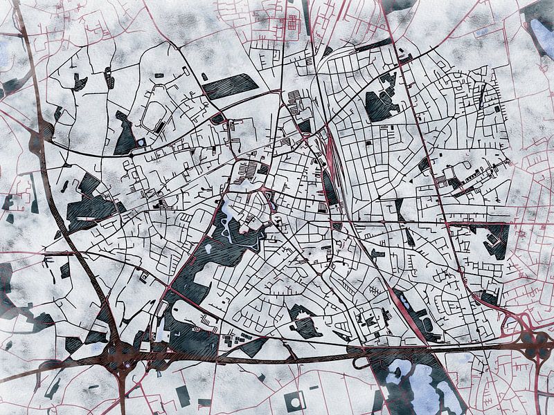 Map of Moers with the style 'White Winter' by Maporia