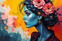 Stilisiertes Porträt einer Frau mit floralem Haarschmuck