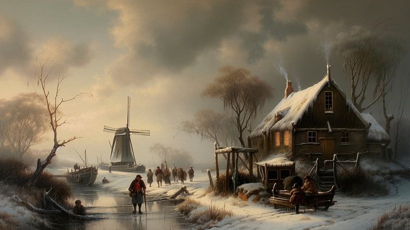 Peinture hollandaise d&#039;un paysage d&#039;hiver avec une vieille ferme et un moulin par Preet Lambon