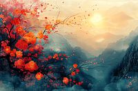 Paysage de montagne enchanteur avec des fleurs rouges en pleine floraison