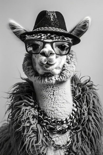 Lama à la mode avec chapeau et lunettes en noir et blanc par Poster Art Shop