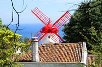 Moulin rouge et blanc en bord de mer, Açores