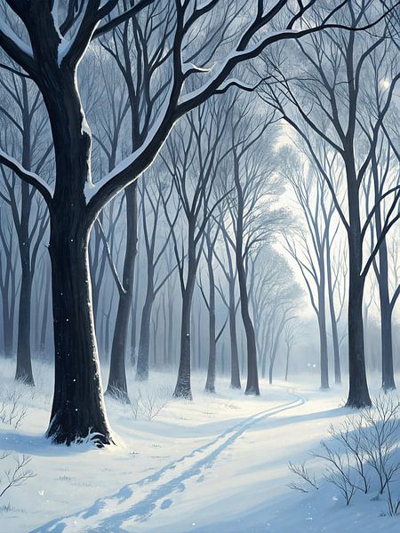 Das Flüstern des Winters&#039;s Frieden: Ein ruhiger, schneebedeckter Waldweg in sanftem Sonnenlicht, der Ruhe und die stille Schönheit der gefrorenen Umarmung der Natur heraufbeschwört von Artistic
