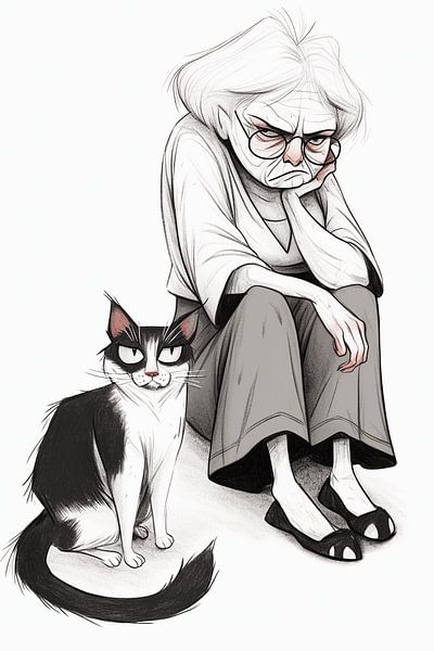 Caricature of a grumbling old woman and her cat by Karina Brouwer