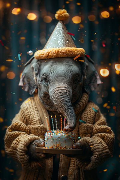 Funny elephant celebrates birthday by Poster Art Shop