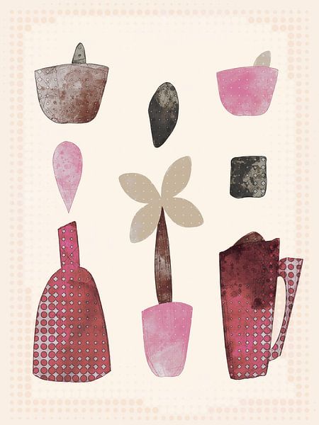 Composition avec bouteille, cruche et fleur par Joost Hogervorst