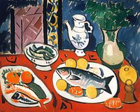 Gedeckter Tisch mit Fisch und Zitronen