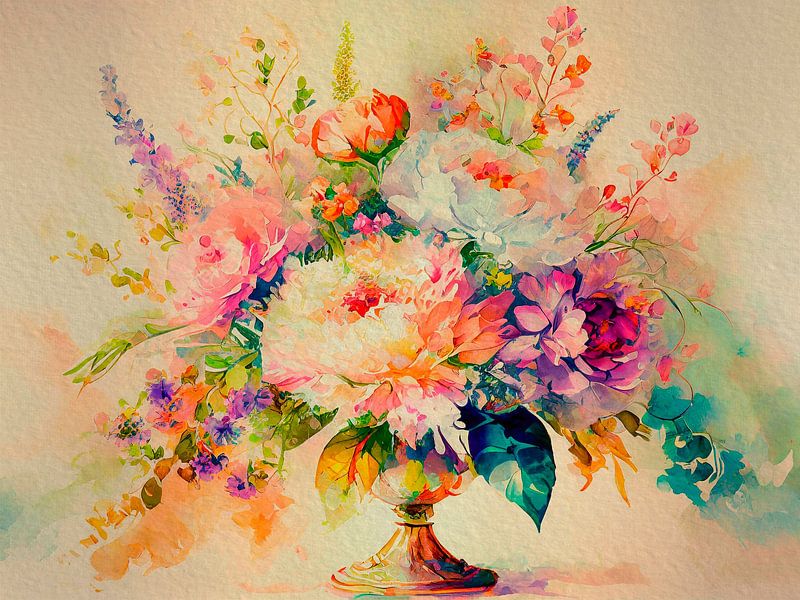 Romantisch Stilleven schilderij. Boeket bloemen op gouden vaas van Studio Pieternel