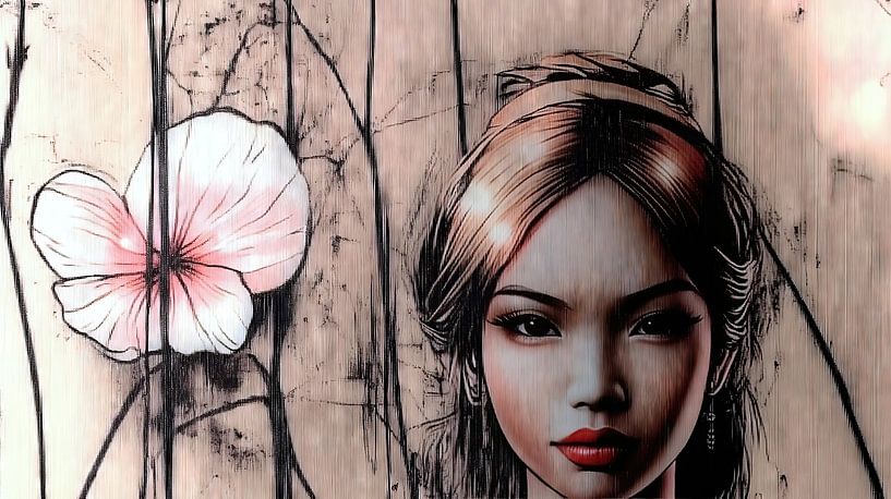 Frau mit roten Lippen im Blütenmeer von Frank Heinz