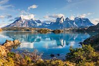 Lago Pehoe reflection and Cuernos Peaks in the morning, Torres del Paine National Park, Chile