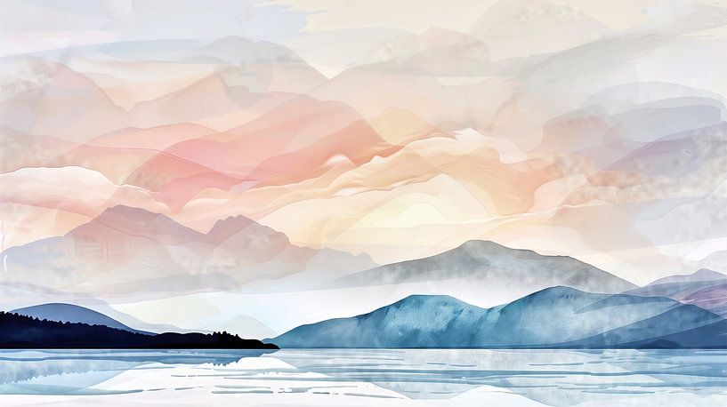 Abstract landscape with mountains and lake by Frank Heinz