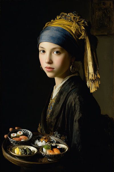 Girl with Sushi - Elegant Painting by Peter Pen Drawings and Paintings