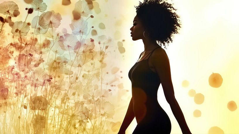 Silhouette of a woman with afro and flowers by Frank Heinz
