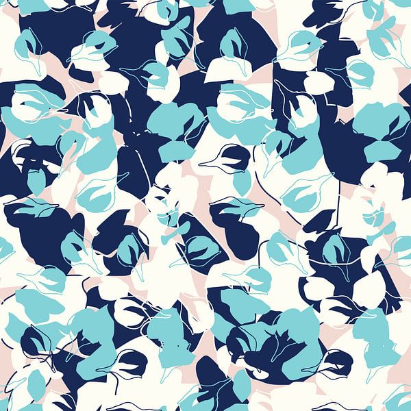 Retro-Blüte. Abstrakte botanische Kunst in Pastellrosa, Blau und Weiß. von Dina Dankers