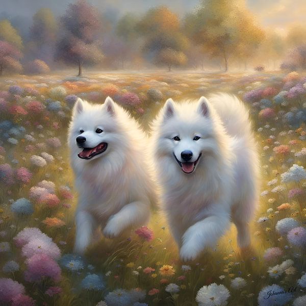 Samoyed playing in a Flowerfield by Johannas Art Creations
