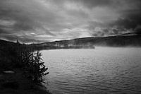 Steaming Icelandic lake, black and white 