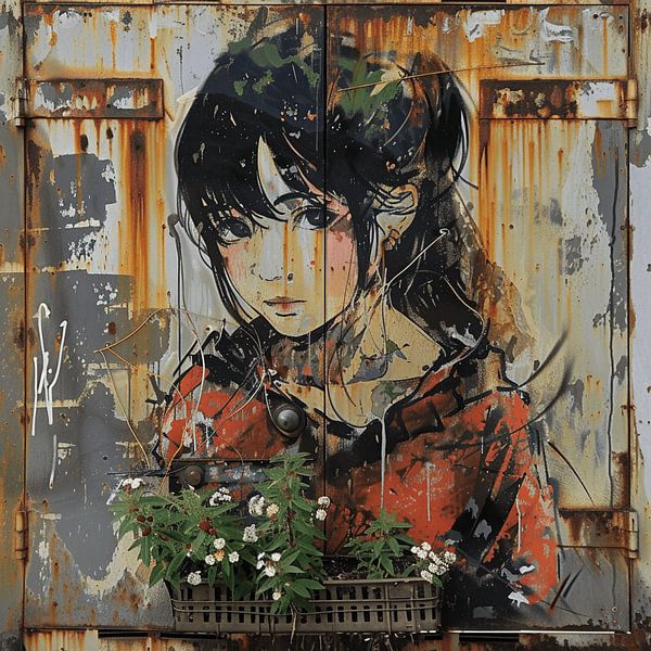 Graffiti manga girl flower box rust urban contrast by gm_designs