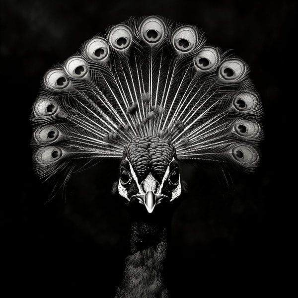 Schwarz-Weiß-Porträt des Gesichts eines Pfaus von Margriet Hulsker
