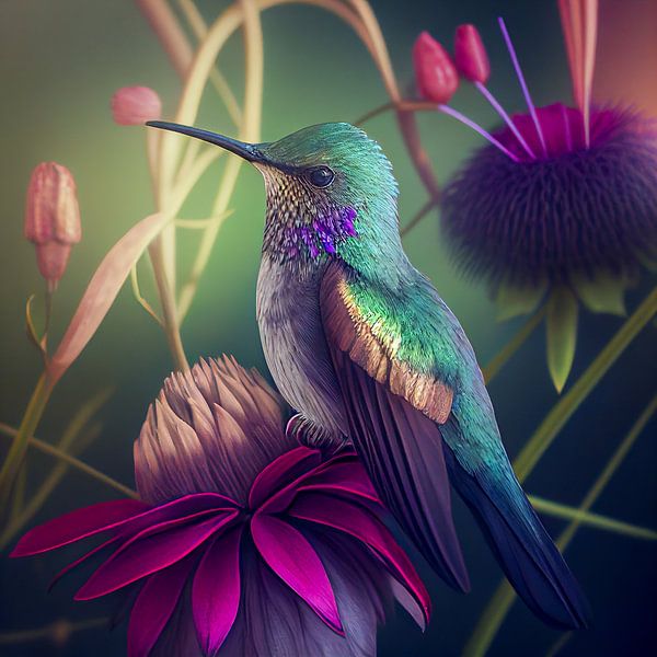 Colibri et fleurs, illustration d'art par Animaflora PicsStock