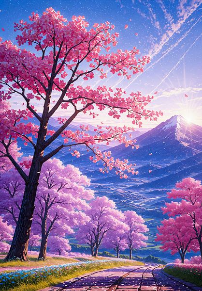 Sunset Mountain Cherry Blossom Sakura by Ruzerin