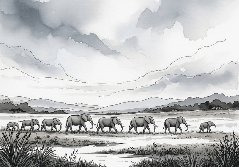 Reihe von Elefanten, die durch eine Grasebene laufen von Markus Gann