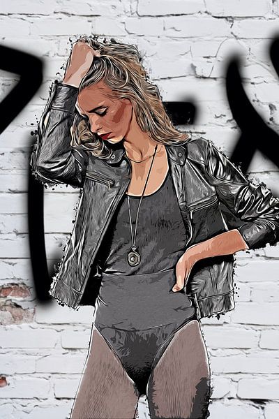 Graffiti woman in leather jacket and bodysuit by Tilo Grellmann