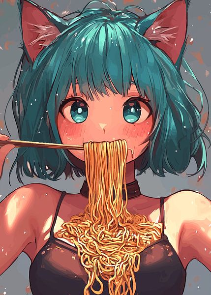 Une fille d'anime aux oreilles de chat mange des ramens par Pixelbull Design