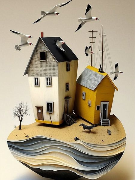coastal landscape island houses birds surreal paper maritime by gm_designs
