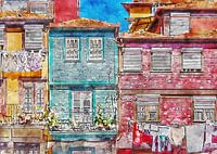 Ribeira District, Porto, Portugal. Watercolor of Colorful Buildings and Laundry Drying in the Sun