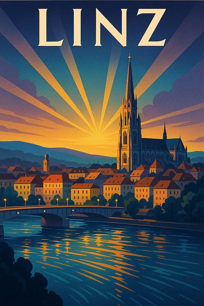 Vintage Linz Travel Print - Österreichische Skyline Wandkunst von Travel Shop
