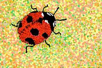 Marienkäfer auf einem Blatt im Stil der Pointillismus-Bewegung.