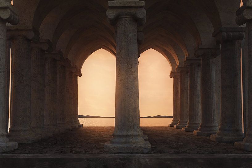 Stoa Hall met Ionische zuilen en zeezicht bij zonsondergang van Besa Art