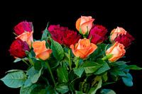 Een bos oranje met rode rozen op een zwarte achtergrond
