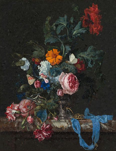 Stilleben mit Blumen und Uhr, Low Poly von Atelier Liesjes