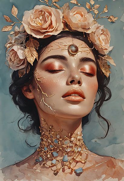 enigmatic portrait of a serene woman with floral headgear by Ljupka Kareska