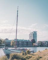 Moored sailboat on the Spaarne in Haarlem