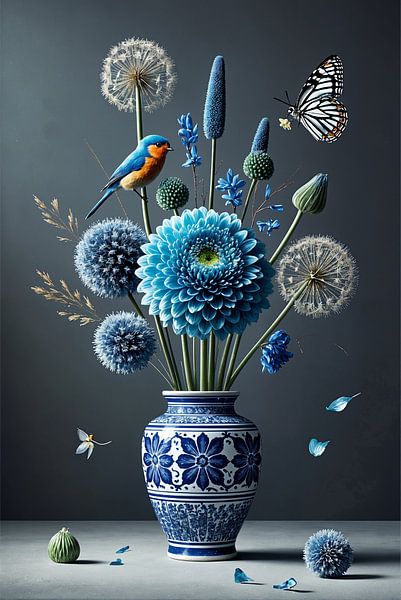 Delfter Blau Vase mit Blumen und blauem Vogel von Kleurenrijk