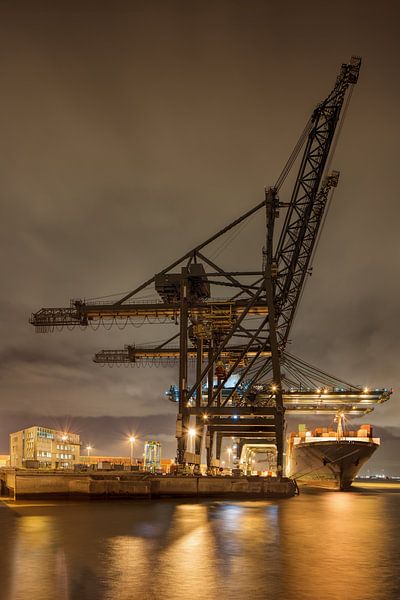 Massieve kraan op verlichte containerterminal van Tony Vingerhoets