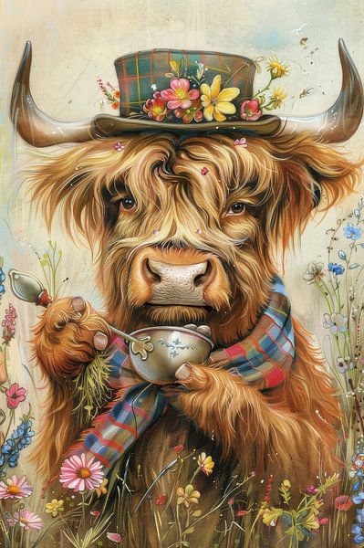 Tee mit Stil - schottische Highlander in floraler Pracht von Eva Lee
