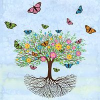 Tree of life with butterflies and flowers