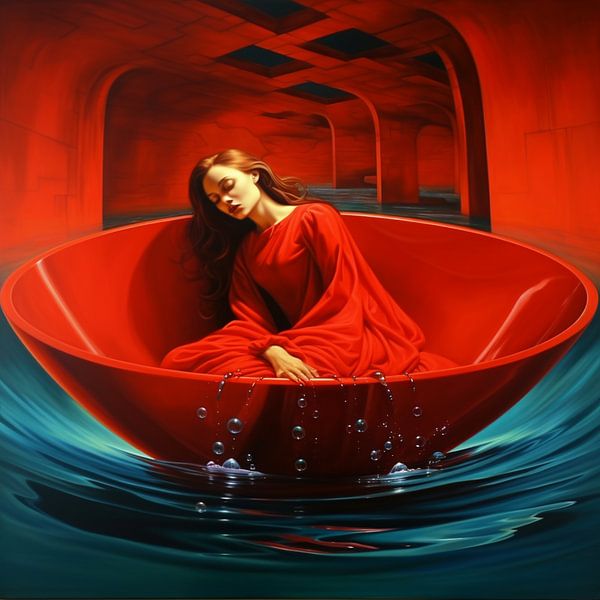 Surrealism portrait woman sleeping red dress tub by gm_designs