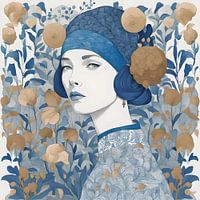 Sanne Botanical line art portrait in navy blue and gold