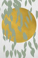 Japandi. Abstract botanical leaves in pastel sage green with golden sun on white