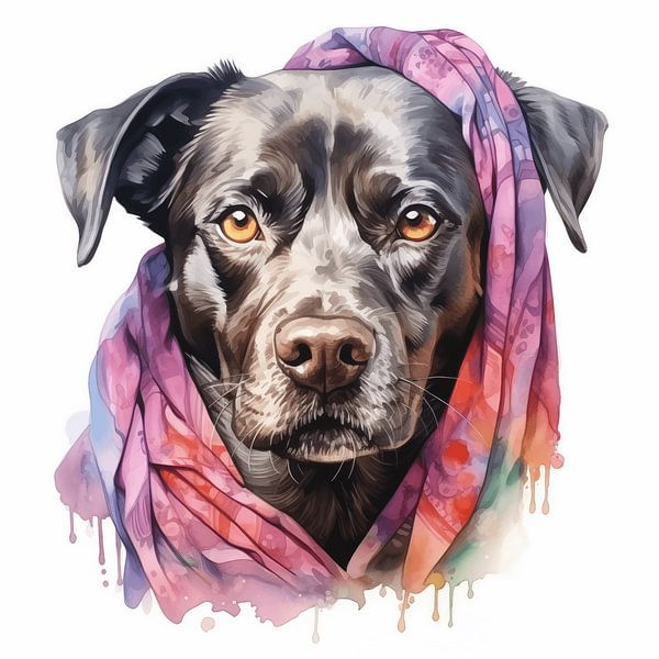 Portrait of a dog painted in watercolour with a colourful headscarf on a white background by Animaflora PicsStock