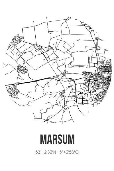 Marsum (Fryslan) | Karte | Schwarz und weiß von Ortsdrucke