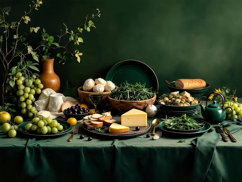 Grüner gedeckter Tisch mit Gemüse, Käse und Trauben – rustikales Stillleben von Basahen